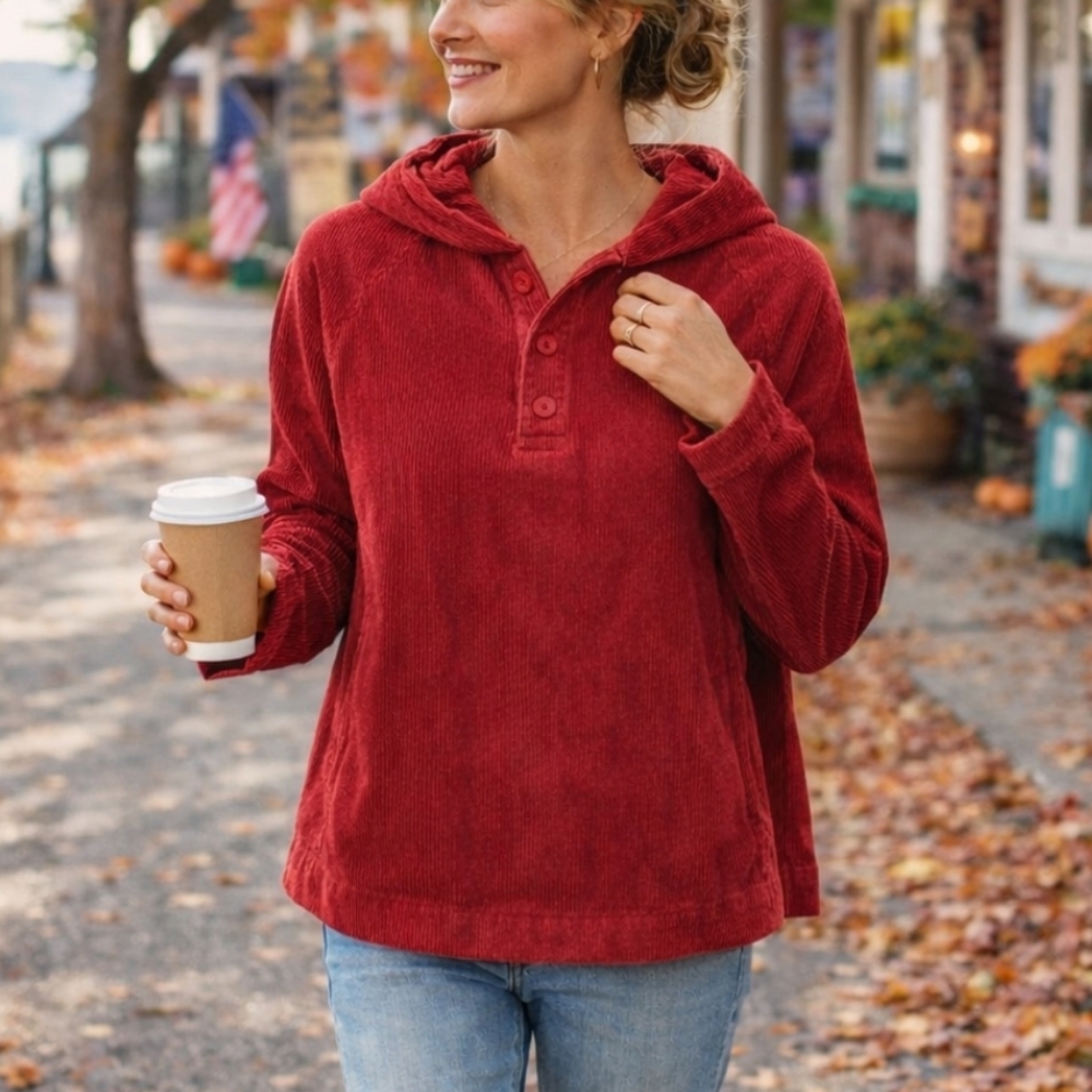 J.Jill Red Tumbled Corduroy‎ Button Pullovervelvet Hood Lined Womans Jacket XS